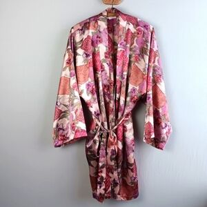 Vtg 90s Amelia's Satin Floral Music Sheet Print Pink Night Robe Size Large